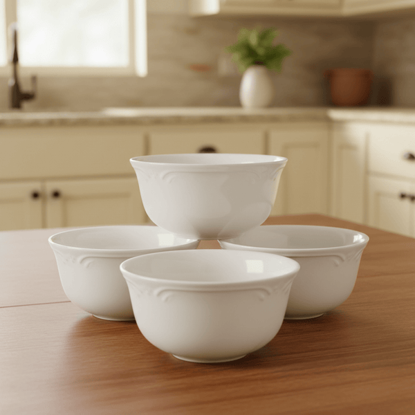 26 Ounce Porcelain Soup Cereal Bowls - Set Of 4 White Beaded Rim Bowls