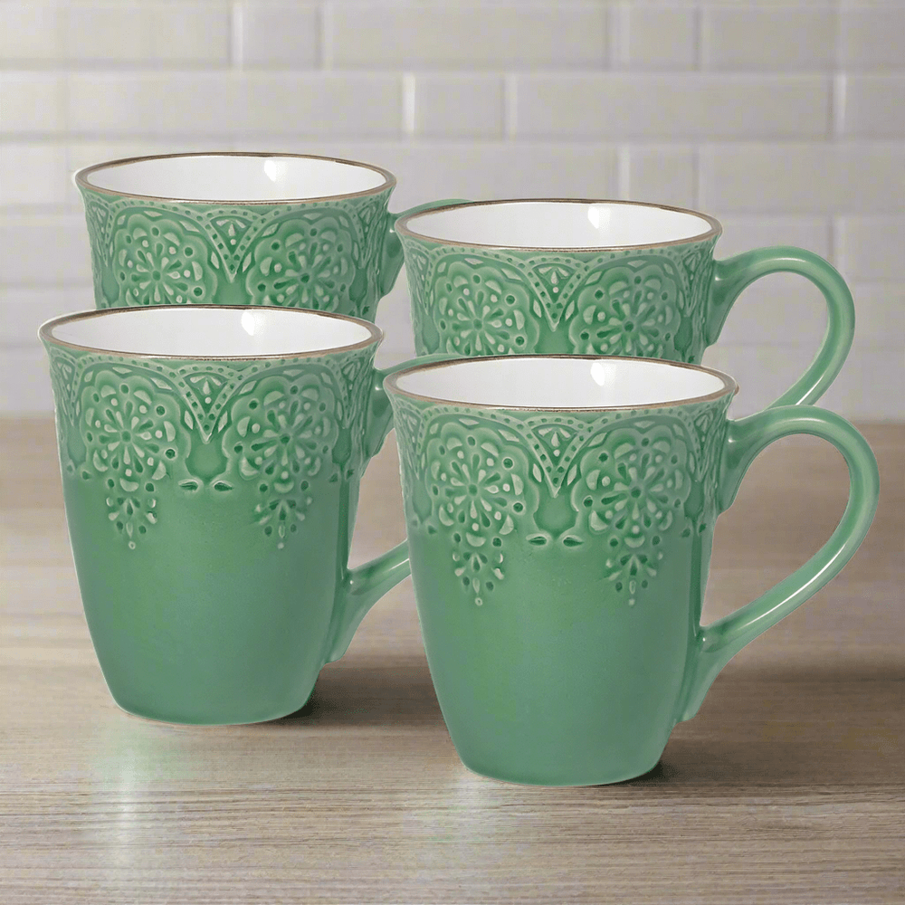 Lace Pattern Mug French Lace Set of 4 Green Mugs