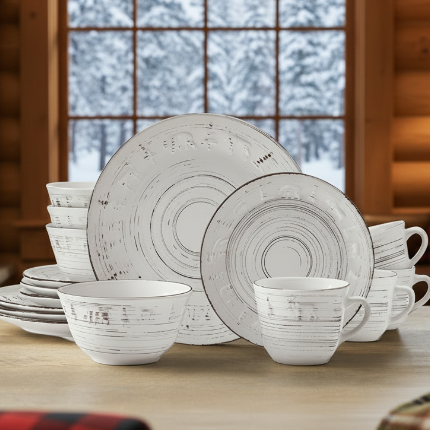 Trellis Lodge White 16 Piece Dinnerware Set, Service for 4