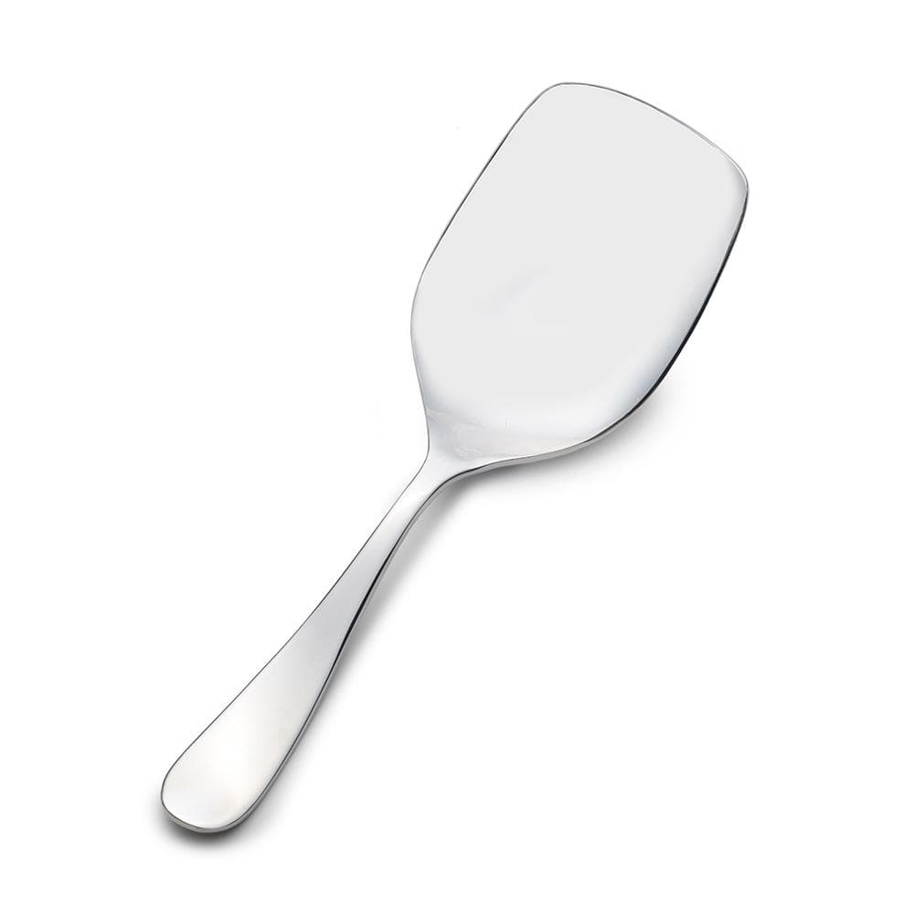 Polished stainless steel scoop with a long handle and broad rectangular bowl.