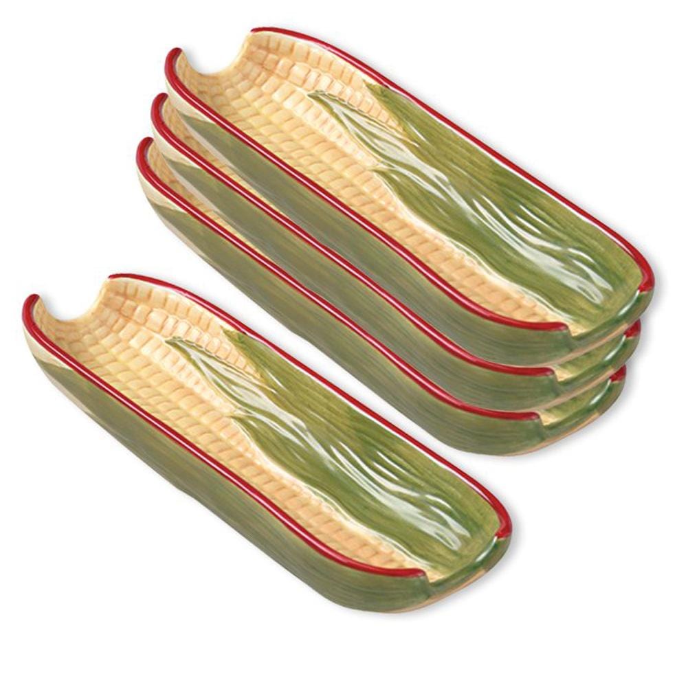 Stack of four Napoli corn shaped serving dishes in green with red rims.