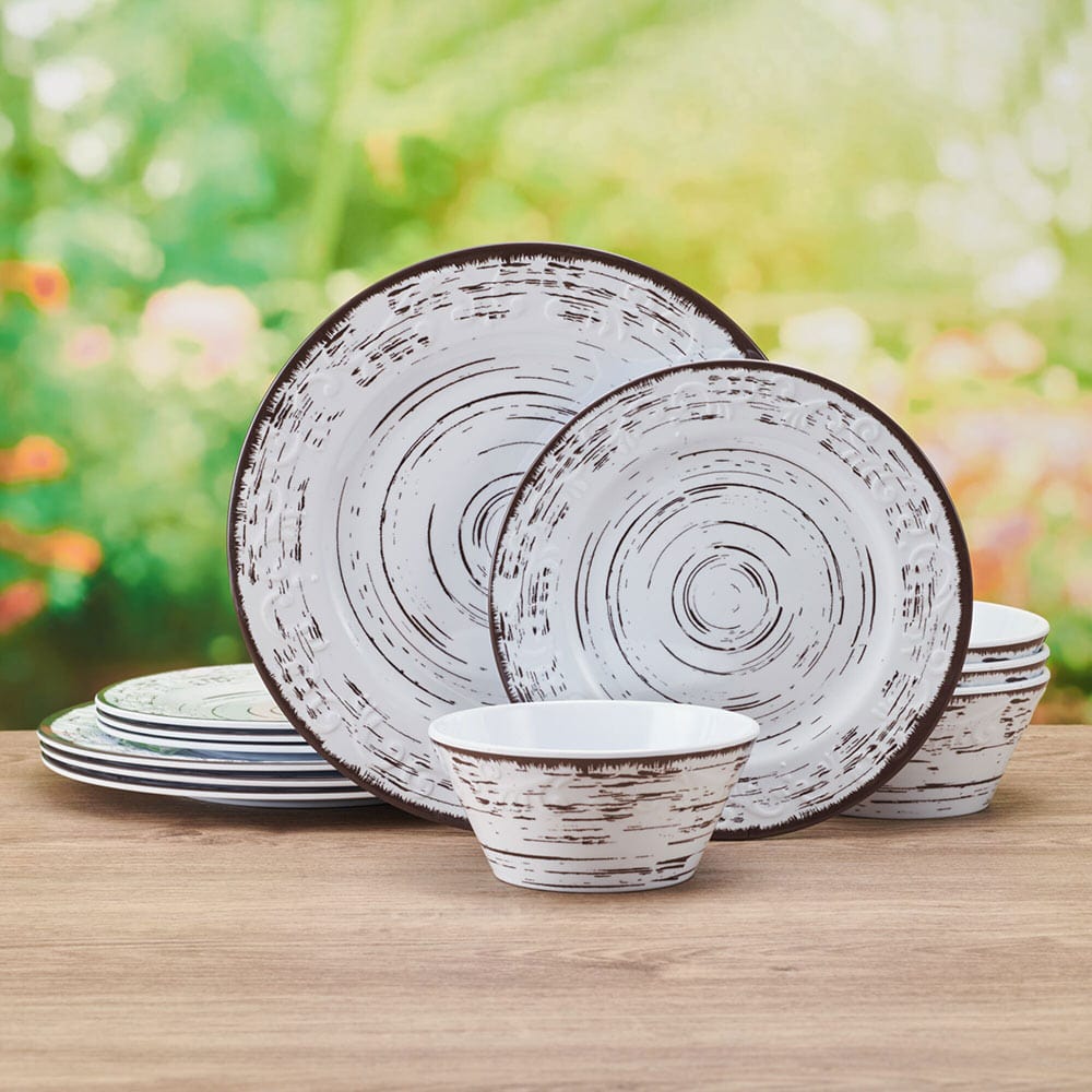 Trellis White 12 Piece Outdoor Melamine Dinnerware Set, Service for 4 ...