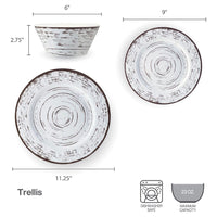 Trellis White 12 Piece Outdoor Melamine Dinnerware Set, Service for 4