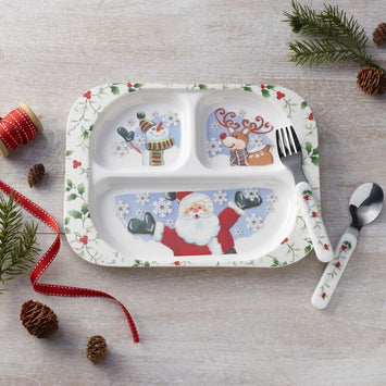 Set Da 3 Pezzi Per Bambini Pfaltzgraff Winterberry, Vassoio In Melamina Con Babbo Natale, Pupazzo Di Neve E Renna, Posate In Acciaio, Lavabile In Lavastoviglie