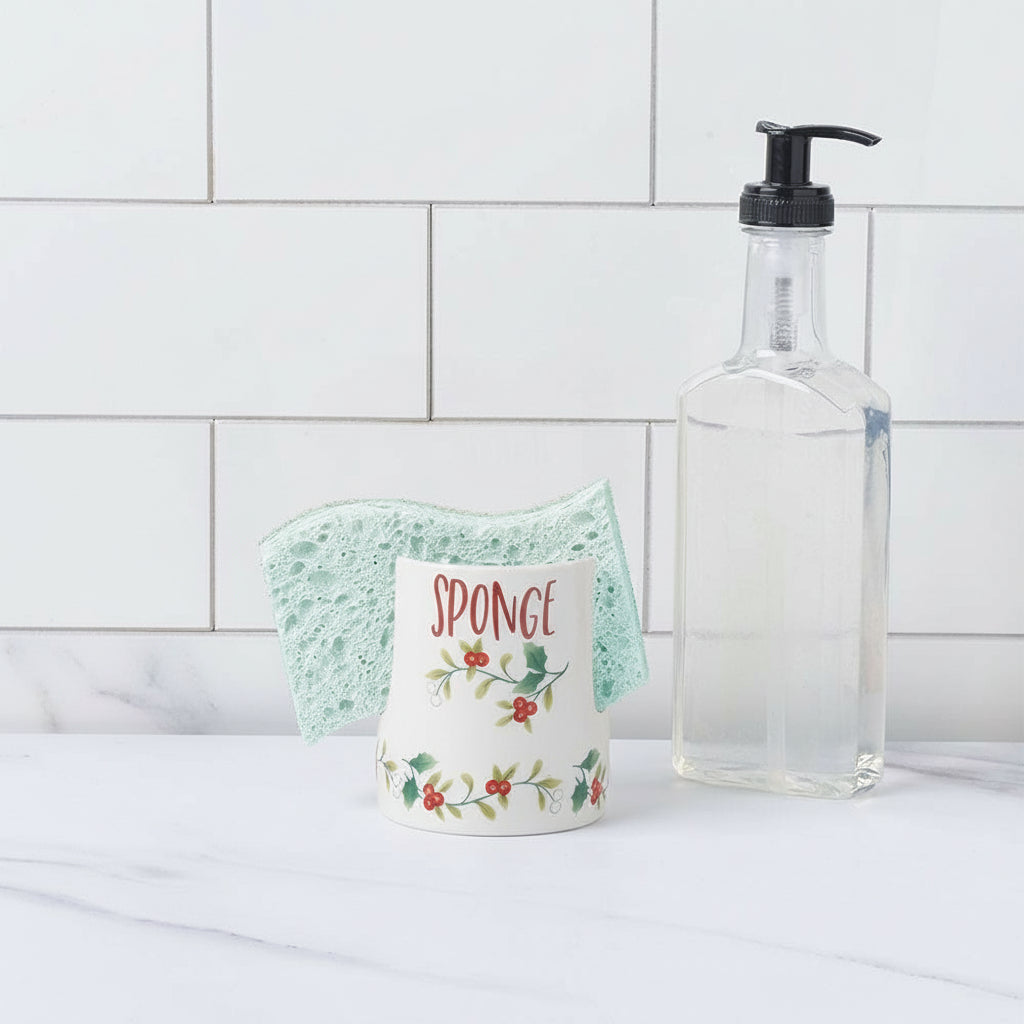 Decorative sponge holder with floral design, soap dispenser.